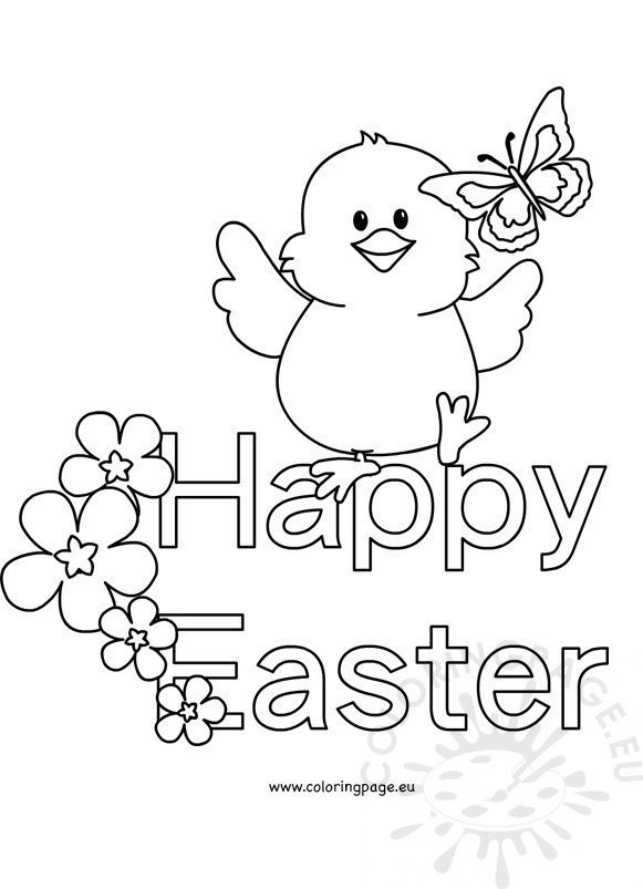Black and White Happy Easter Chick - Coloring Page