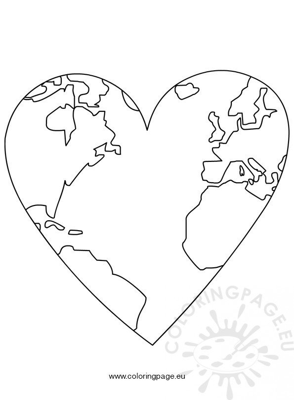 Earth Day – World Map In Heart – Coloring Page