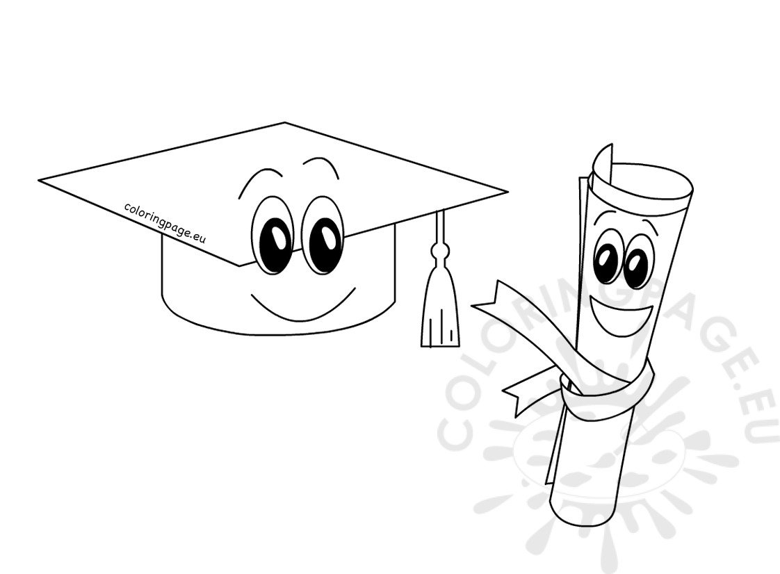 Cartoon Graduation cap and diploma – Coloring Page