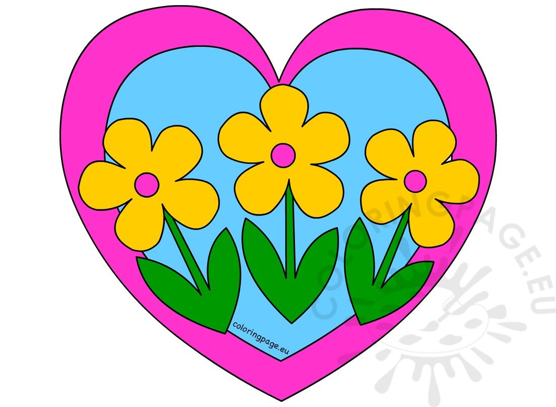 Heart with three yellow Flowers clip art – Coloring Page
