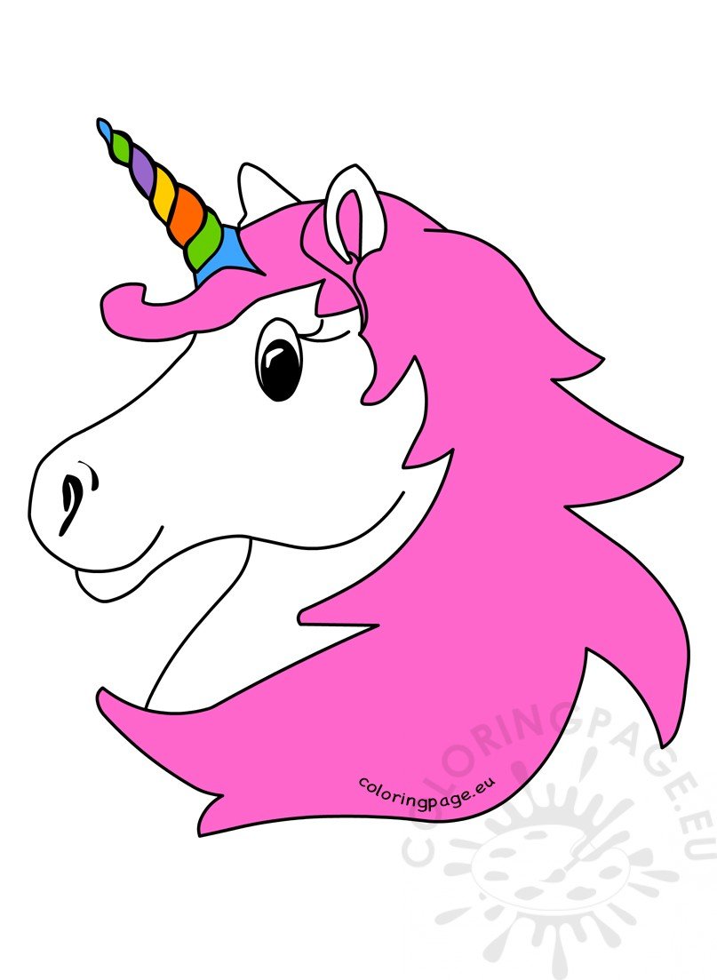 Unicorn head with rainbow horn and pink hair - Coloring Page