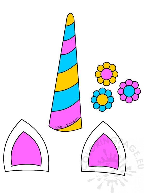 Unicorn Horn Ears and Flowers printable Coloring Page
