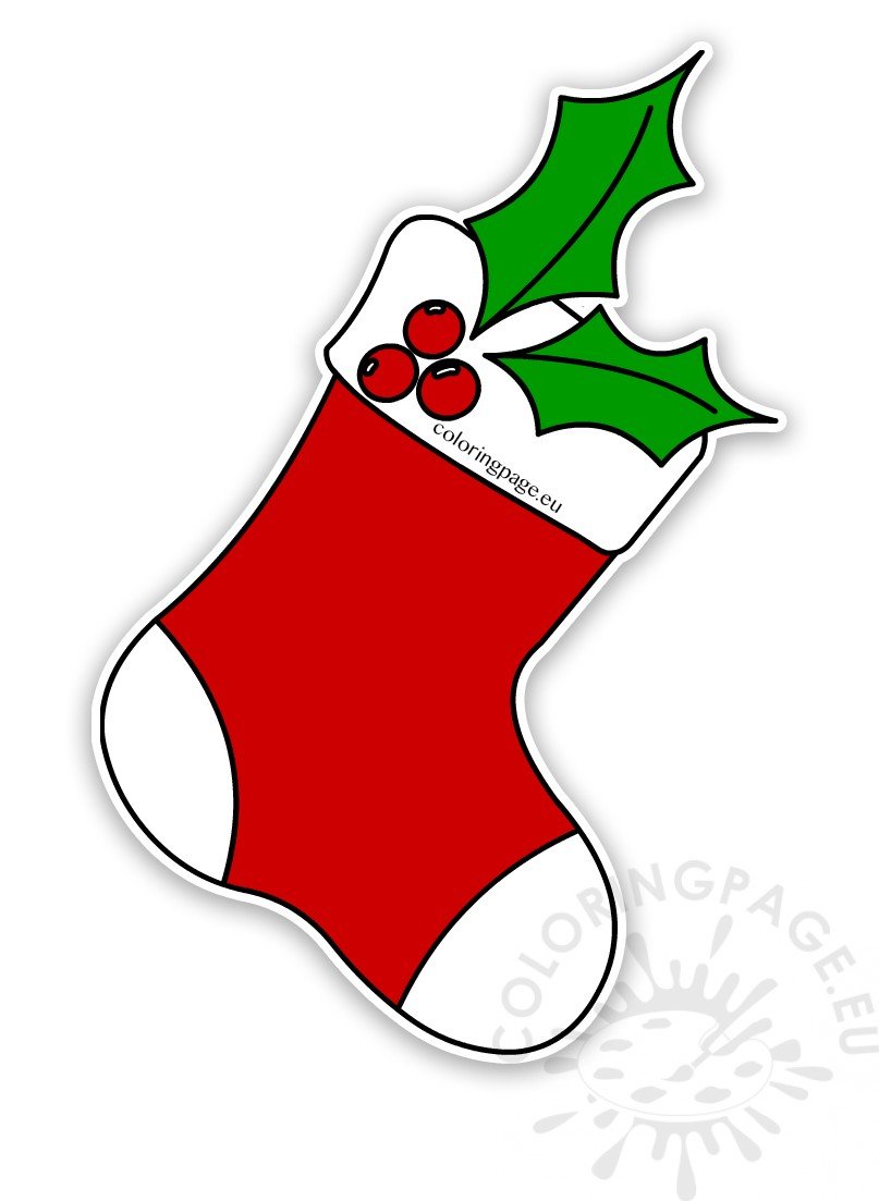 Red Christmas stocking with holly printable – Coloring Page