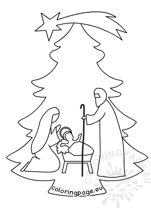 Christmas tree nativity scene template Coloring Page