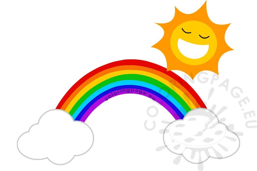 Colored rainbow with clouds and sun – Coloring Page