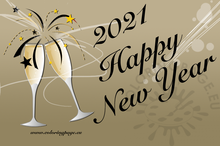 Printable Happy New Year 2021 Greeting Card Coloring Page