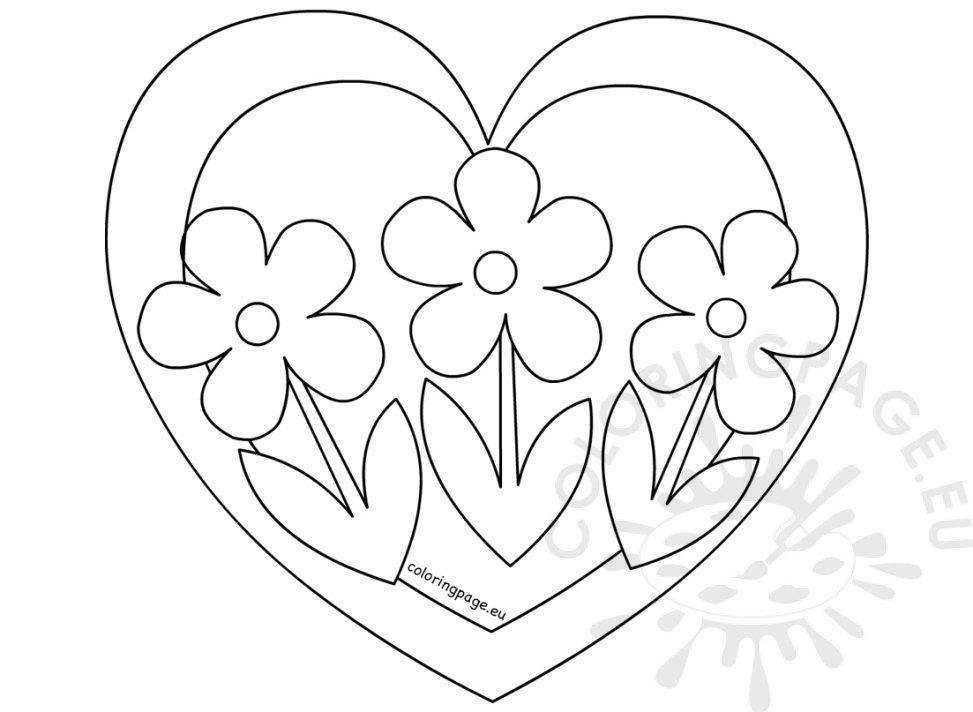 Heart with three flowers coloring page | Coloring Page