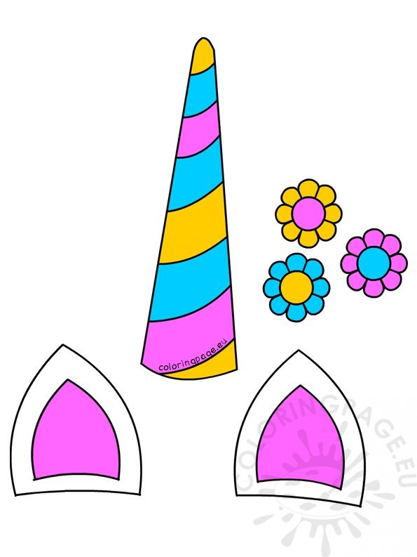 unicorn horn ears and flowers printable coloring page