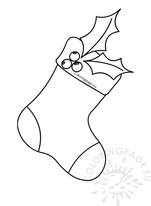 Printable Christmas stocking with holly | Coloring Page