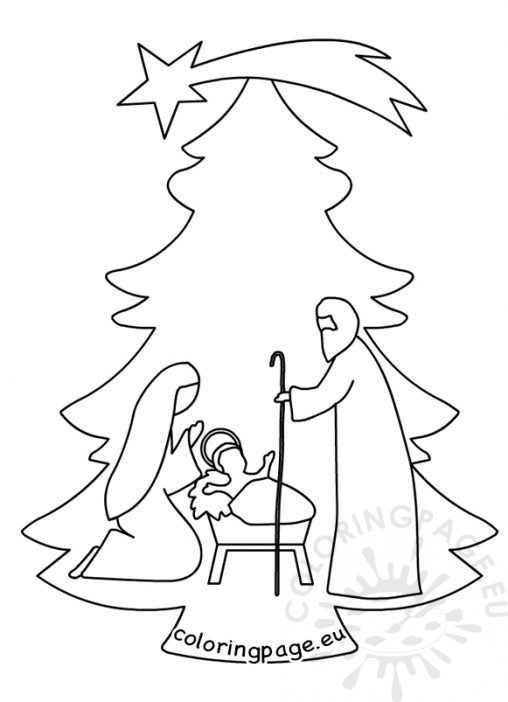 Christmas tree nativity scene template | Coloring Page