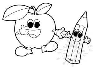 Cartoon apple and cartoon pencil | Coloring Page