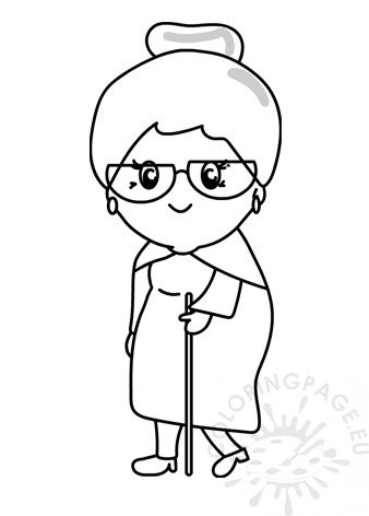 Cute grandmother with walking stick – Coloring Page