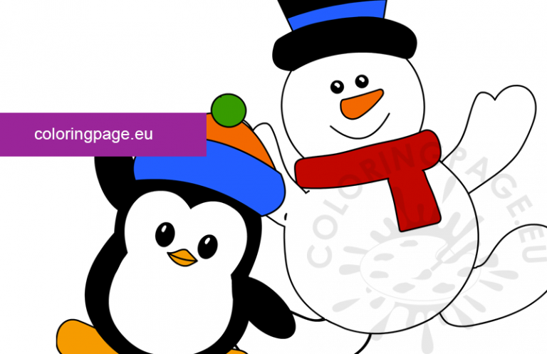Cute snowman with penguin | Coloring Page