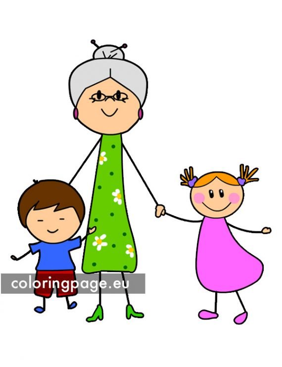 Grandmother with grandson and granddaughter | Coloring Page