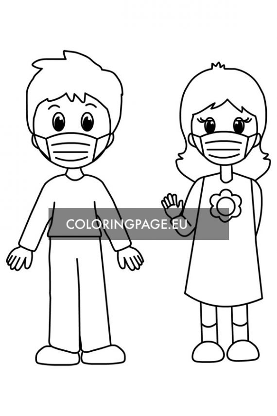 Kids wearing face mask protect Covid – Coloring Page