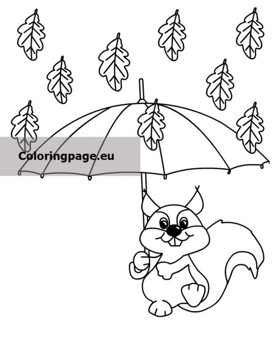 Squirrel with umbrella and leaves | Coloring Page