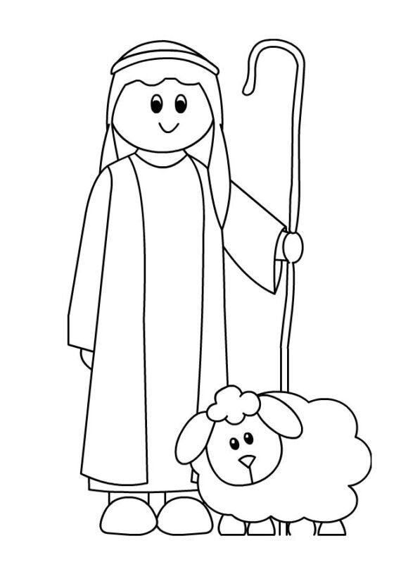 Shepherd with a sheep | Coloring Page