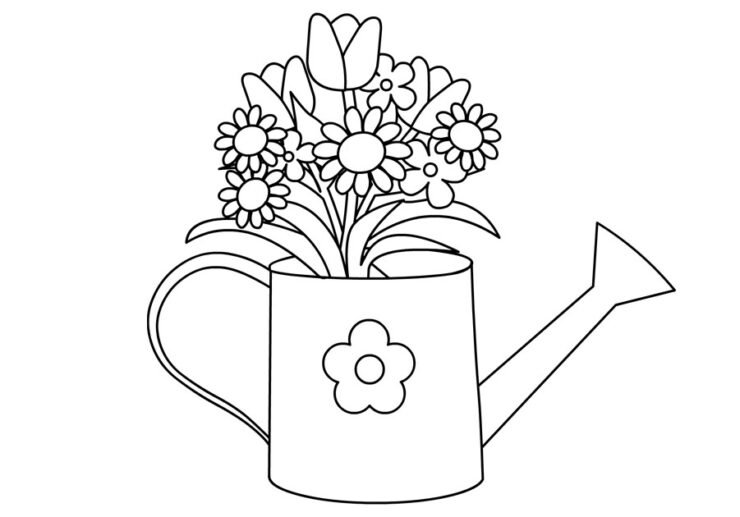 Garden watering can with spring flowers | Coloring Page