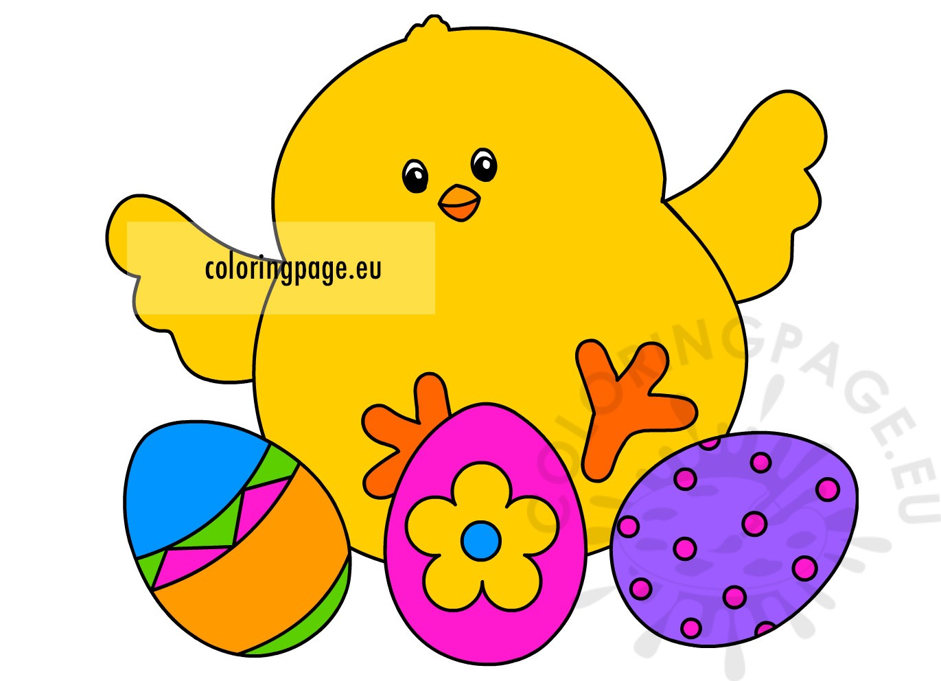 Chick with easter eggs | Coloring Page