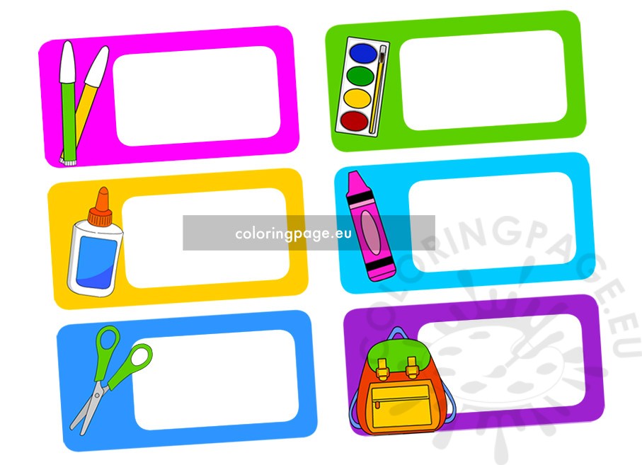 Back to School labels with colorful borders and school-themed illustrations like glue, scissors, backpack, and crayons
