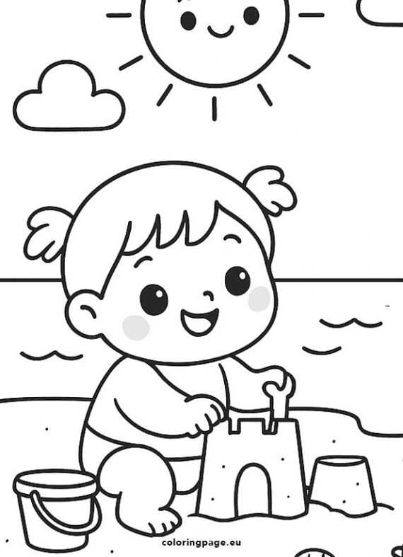 Little girl building sand castle | Coloring Page