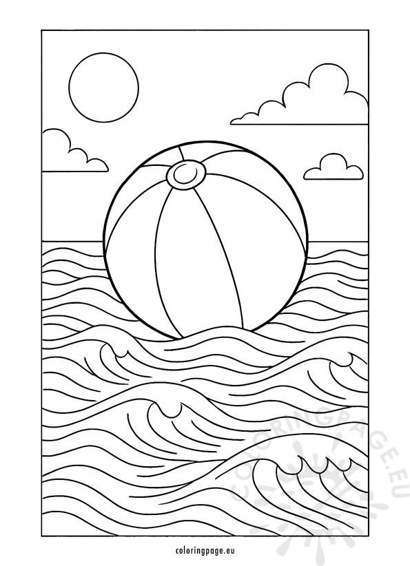 Beach Ball with Waves Coloring Page – Printable black and white coloring page featuring a beach ball floating on waves under a sunny sky with clouds.