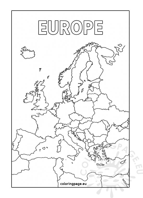 Europe coloring page – black and white line drawing of a map of Europe with country outlines, ready for children to color.