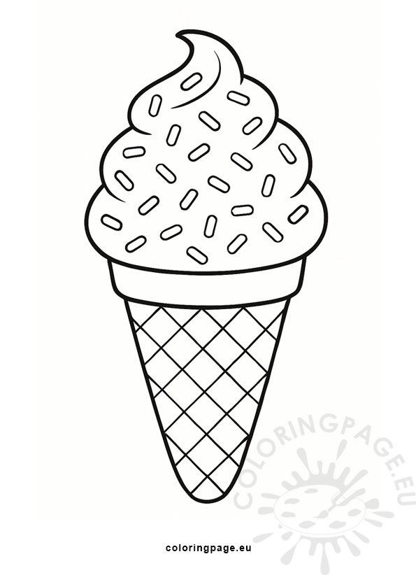 Ice cream cone with sprinkles coloring page featuring a swirled scoop on a waffle cone, decorated with many small sprinkles.
