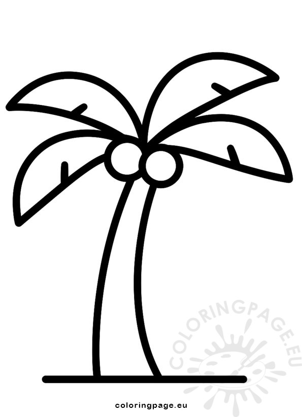 Black-and-white line drawing of a simple palm tree with a curved trunk and five large fronds, in a clean, bold cartoon style for children.