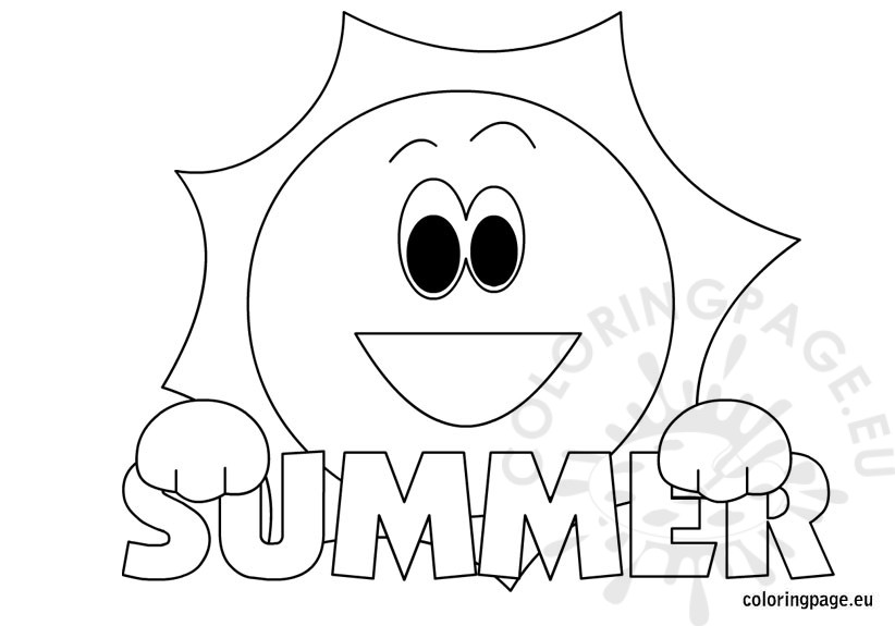 Smiley Sun and Summer Word coloring page – cheerful sun holding the word “Summer”.