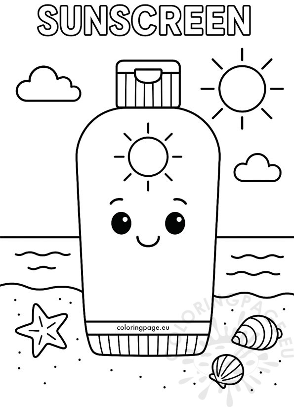 Sunscreen coloring page in black and white with a smiling bottle of sunscreen on a beach, surrounded by sun, clouds, seashells, and a starfish.