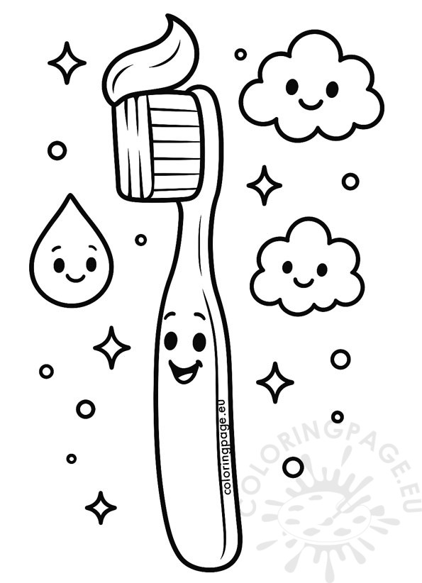 Toothbrush coloring page in black and white featuring a smiling toothbrush with toothpaste, surrounded by cheerful bubbles, foam clouds, and sparkles.

