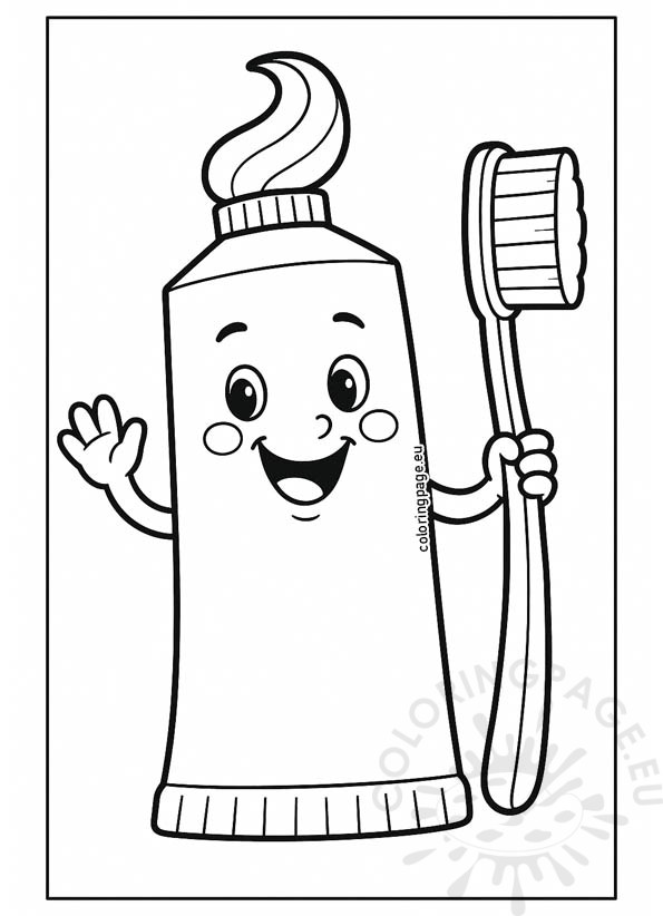Toothpaste coloring page – black and white drawing of a happy toothpaste tube holding a toothbrush, ideal for kids to color and learn about hygiene.