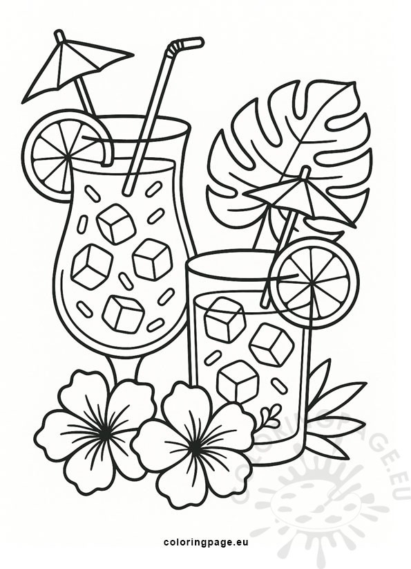 Tropical drinks with little umbrellas coloring page featuring two large decorated glasses with citrus slices, ice cubes, hibiscus flowers, and tropical leaves.