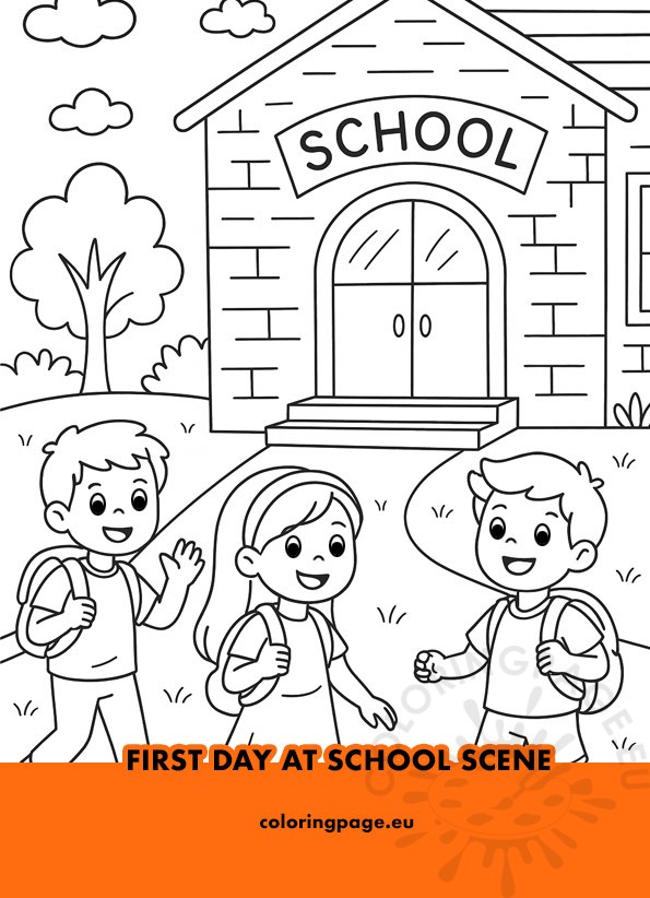 Black and white coloring page of children arriving at school with backpacks and smiling faces. 