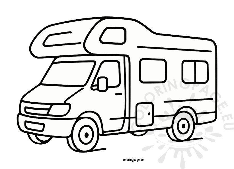 camper coloring page. Stylized black-and-white camper van coloring page with clean lines, perfect for coloring and imagining travel adventures.