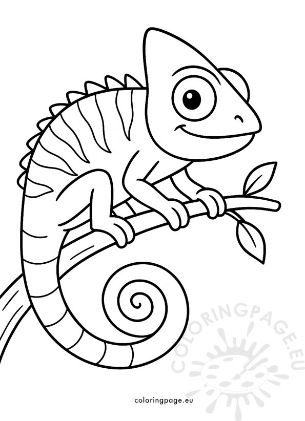 Chameleon coloring page with a simple black-and-white outline, curly tail, and big eyes, perfect for kids to color creatively.