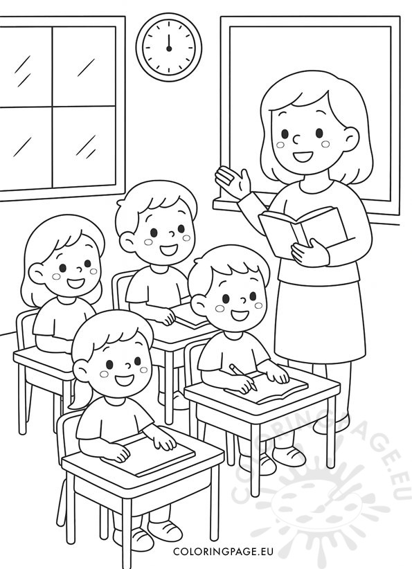 Classroom Scene Coloring Page – black-and-white drawing of a teacher with four students at desks in neat rows, with blackboard, window, and clock in the background. 