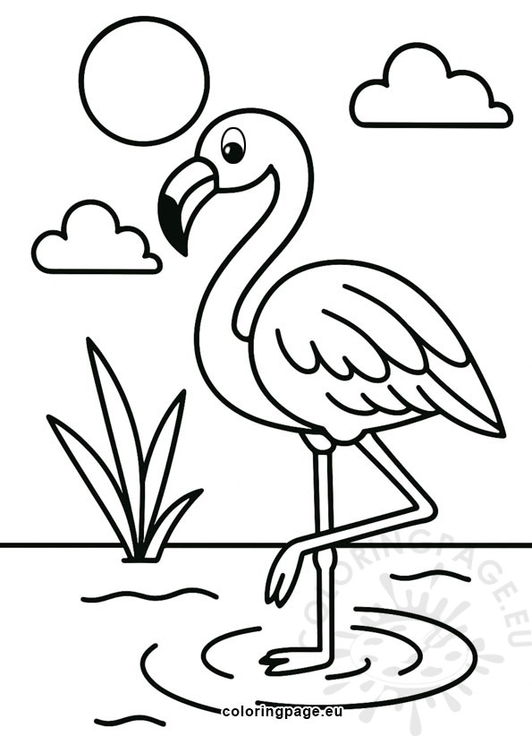 Simple flamingo coloring page with bold outlines, showing a flamingo standing in water with clouds and sun in the background.