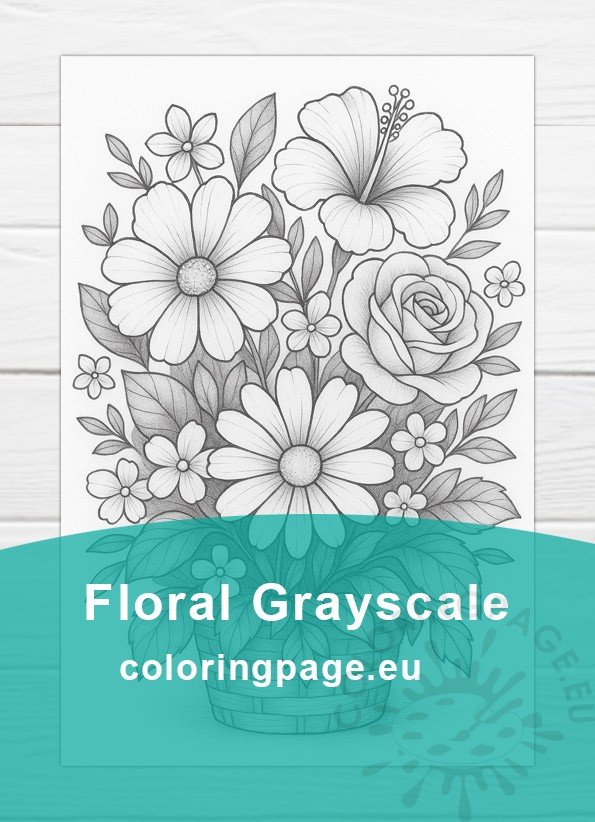 Floral grayscale coloring for adults with pencil-shaded flowers in a bouquet.