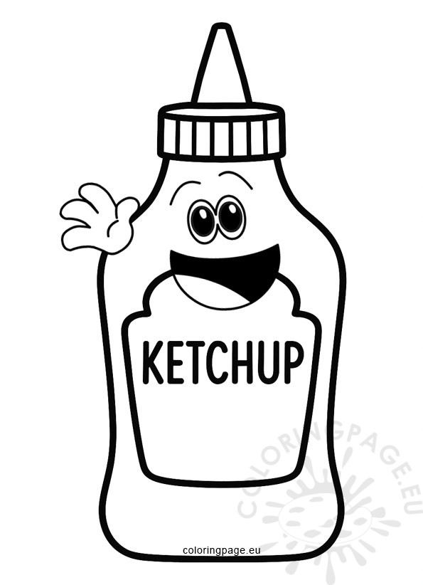 Funny ketchup coloring page with big eyes and smiling mouth, designed for kids to color.