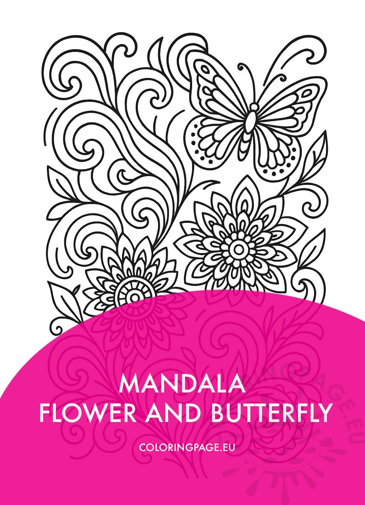 Mandala Flower and Butterfly Coloring Page – black-and-white drawing with detailed flowers and a butterfly, ideal for printing and coloring.