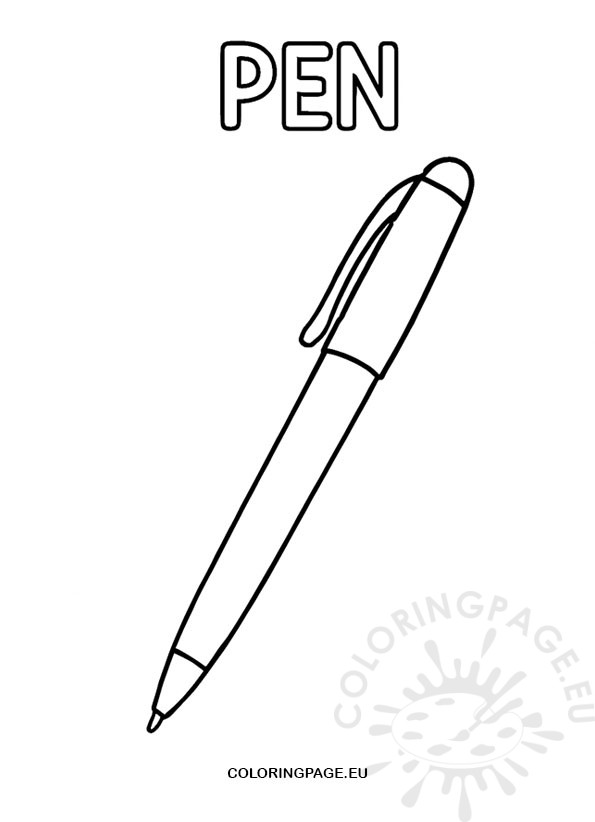 Black and white coloring page with a line drawing of a pen and the word Pen written above.