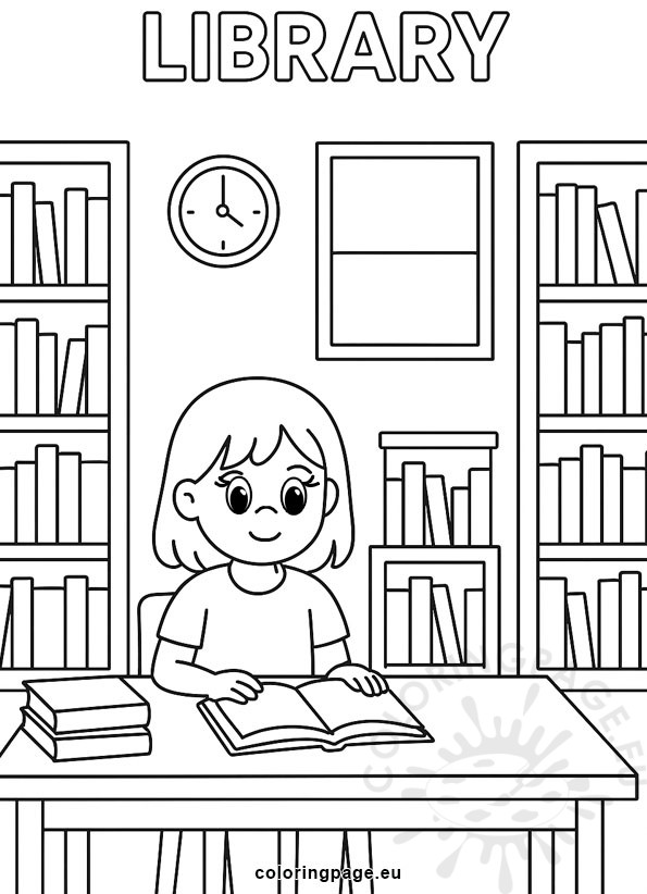 School library coloring page with a child reading at a table surrounded by bookshelves.