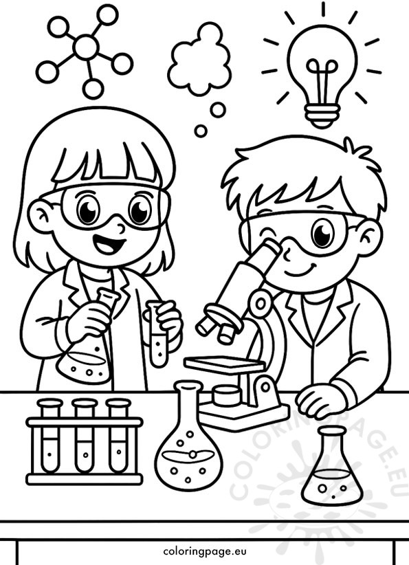 Science experiments coloring page with kids using microscope and test tubes in a fun laboratory scene.