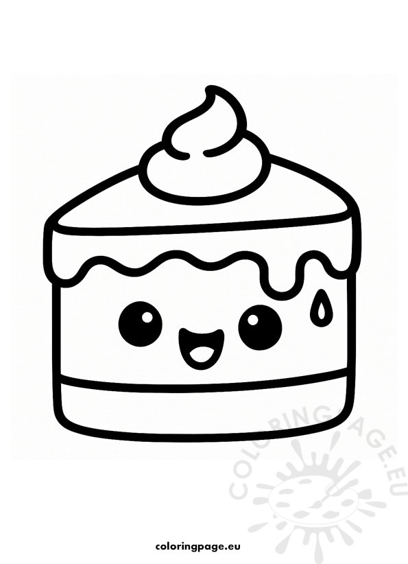 kawaii piece of cake coloring page with dripping icing and smiling face.