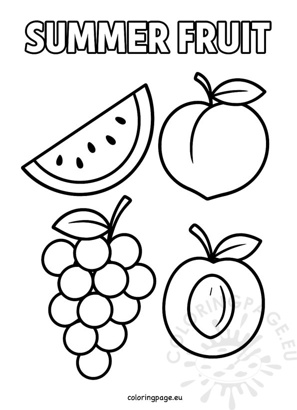 Summer Fruit Coloring Page with bold black outlines of watermelon, peach, grapes, and apricot on a white background, free printable for kids