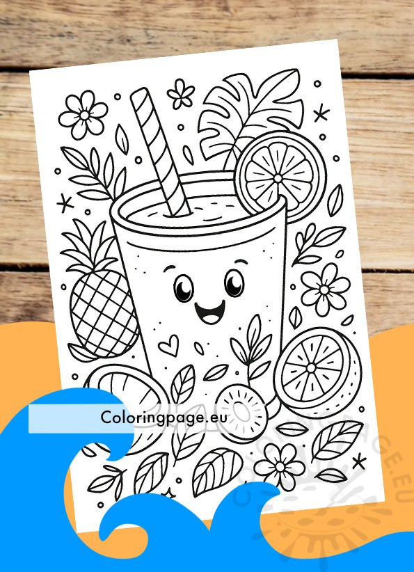 Happy Tropical Fruit Juice 3 Tropical Fruit Juice Coloring Page – happy cup with tropical fruits to color.