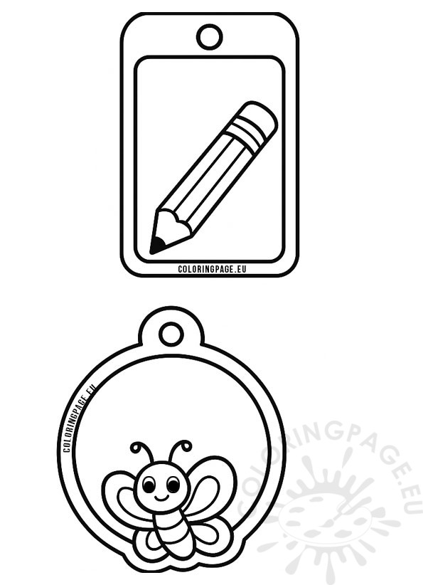  Backpack tags coloring page with pencil and butterfly designs.
