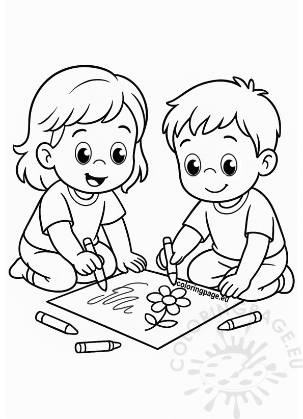 Kids drawing together with crayons on paper.